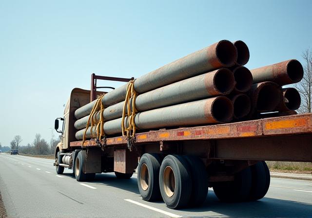 Flatbed truck carrying heavy industrial steel beams