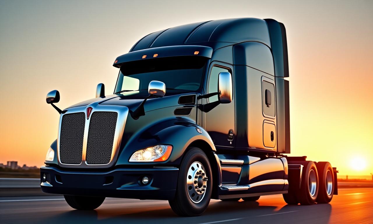 Close up of a modern aerodynamic semi-truck cab at sunset