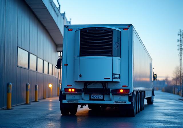 A temperature controlled refrigerator truck loading at a bay