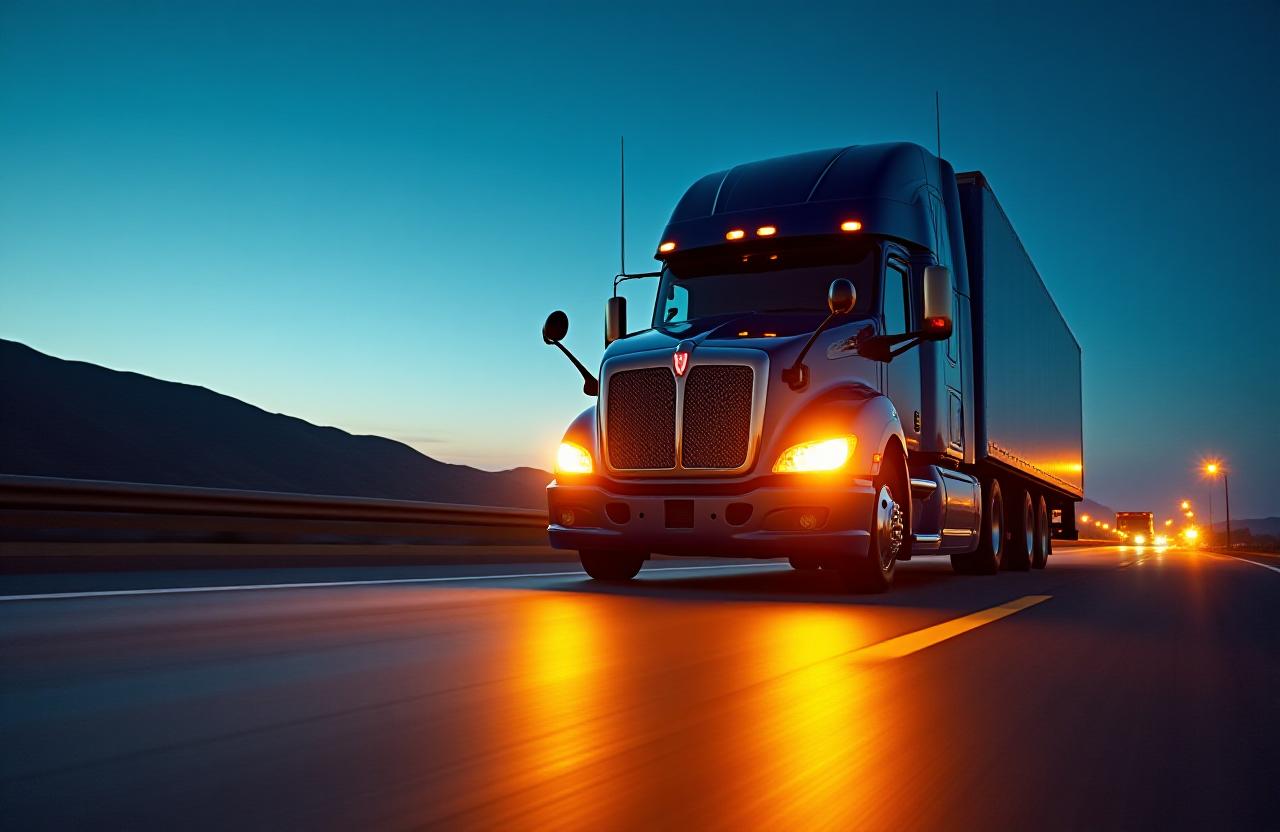 Modern logistics truck on a Texas highway at dusk